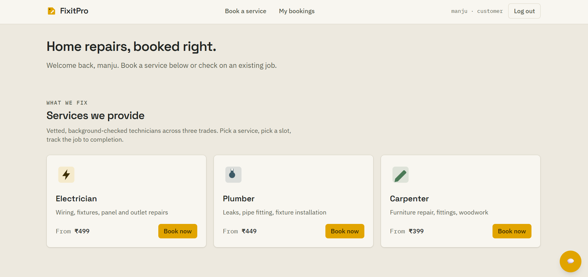 FixitPro — Home Repair Booking homepage screenshot
